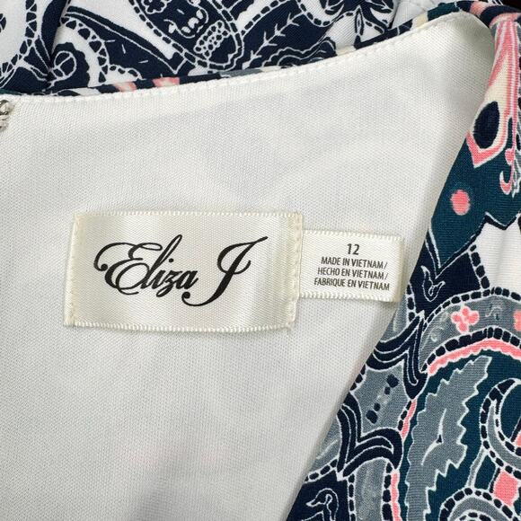 Eliza J Flounce Hem Shift Jersey Dress Size 12 Paisley Medallion Print V-Neck - Picture 14 of 16